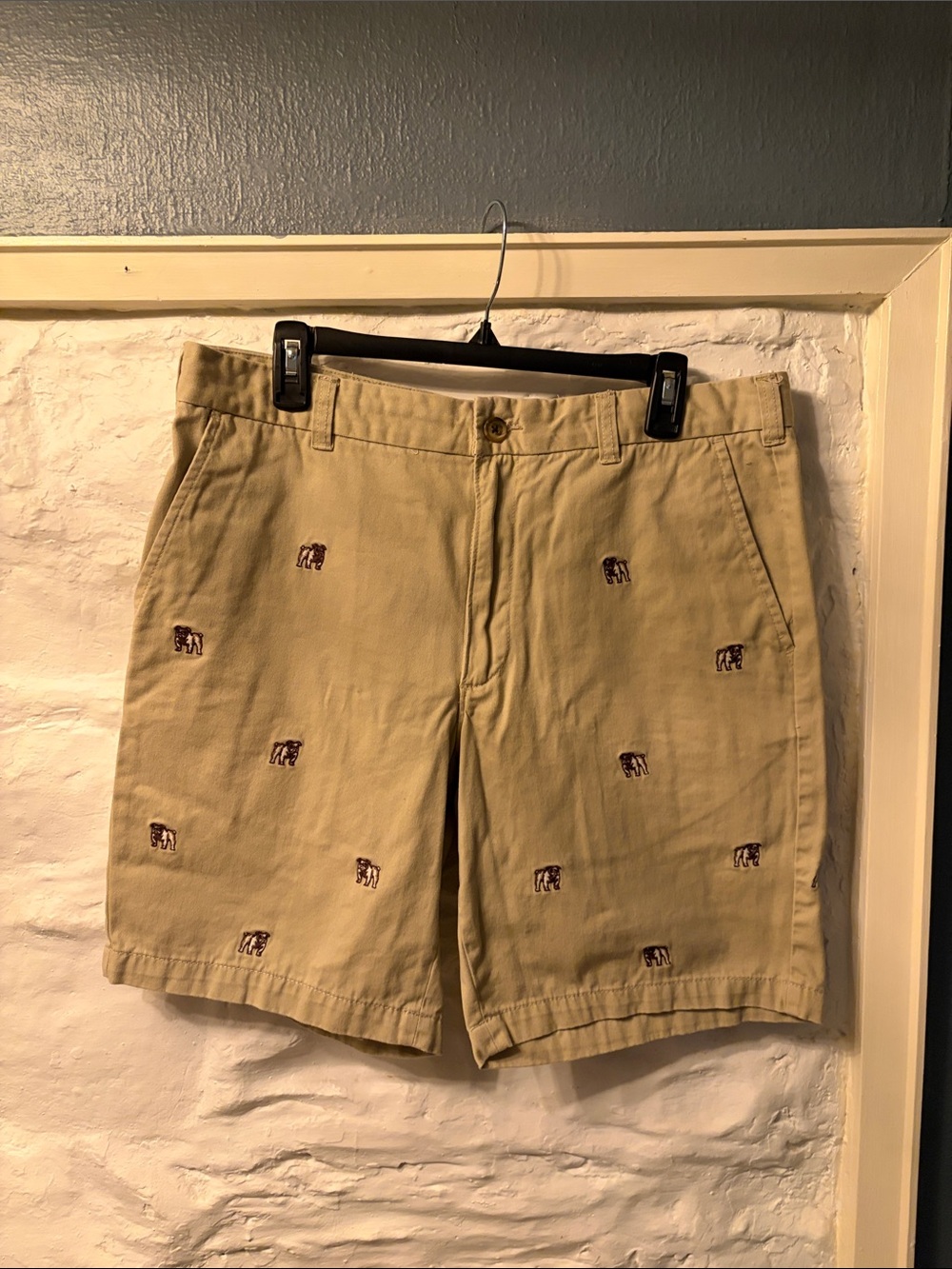 Men's Khaki Embroidered Bulldog Flat Front Shorts 100% cotton